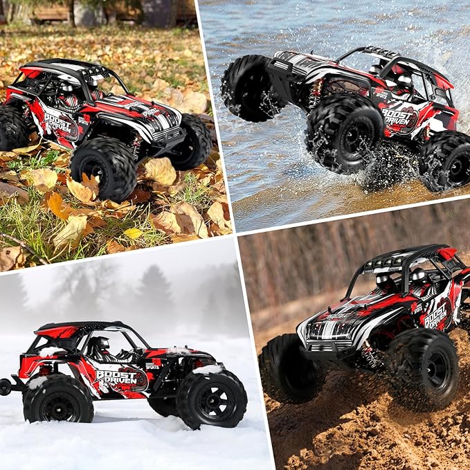 1:10 Large Brush RC Car for Adults, Fast Remote Control Car, 28+ MPH Rc Hobby Truck with Headlights, All Terrain 2.4 Ghz Electric Hobby Rc Cars, 4WD Off Road Monster Truck - White Red