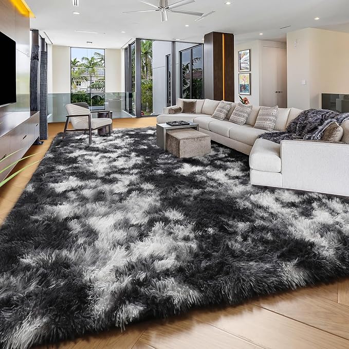 PAGISOFE Black White Grey Bedroom Rugs 4x6 Ft, Soft Fluffy Fuzzy Plush Indoor Floor Area Rug for Living Room Kids Room Playroom Dorm Home Office Nursery Men Boys Rooms Decor Carpet Aesthetic