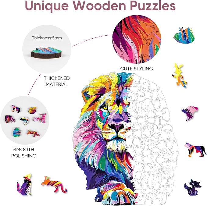 Wooden Puzzles for Adults, Lion Jigsaw Puzzles 200 Pieces, Unique Shaped Puzzle for Adults and Kids, Ghristmas Gift Family Game 10.8 x 11.2 Inch