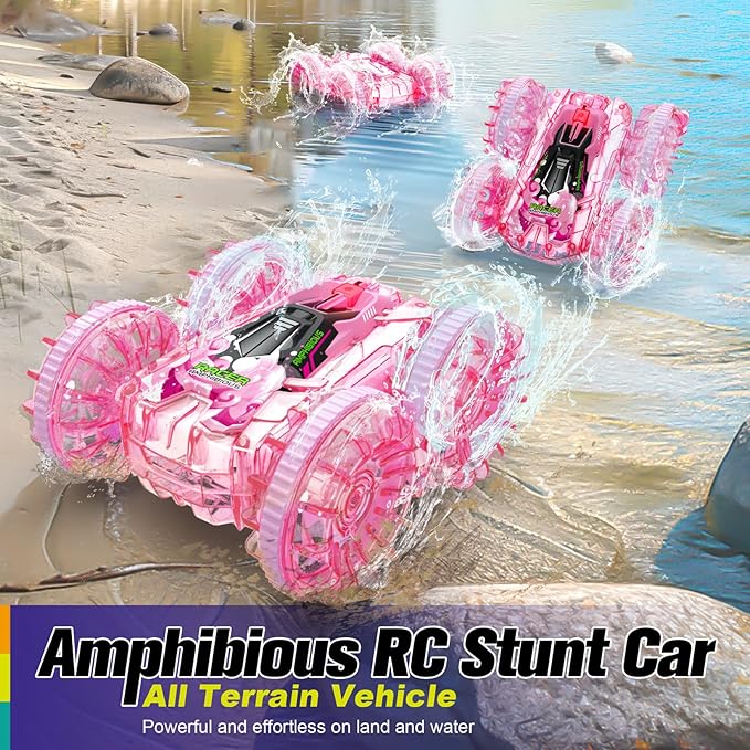 Amphibious Remote Control Car, 4WD Waterproof RC Cars Remote Control Boat Pool Toys for Girls 8-10, Gesture Sensing RC Stunt Car Lake Water Toy for Kids Ages 3 4 5 6 7 8-12 Birthday Gifts, Pink