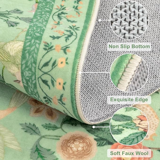 Floral Washable 5x7 Area Rug, Soft Non-Slip Green Rugs for Girls Bedroom Low Pile Flower Birds Living Room Rug, Non-Shedding Botanical Indoor Carpet for Nursery Playroom Dining Room