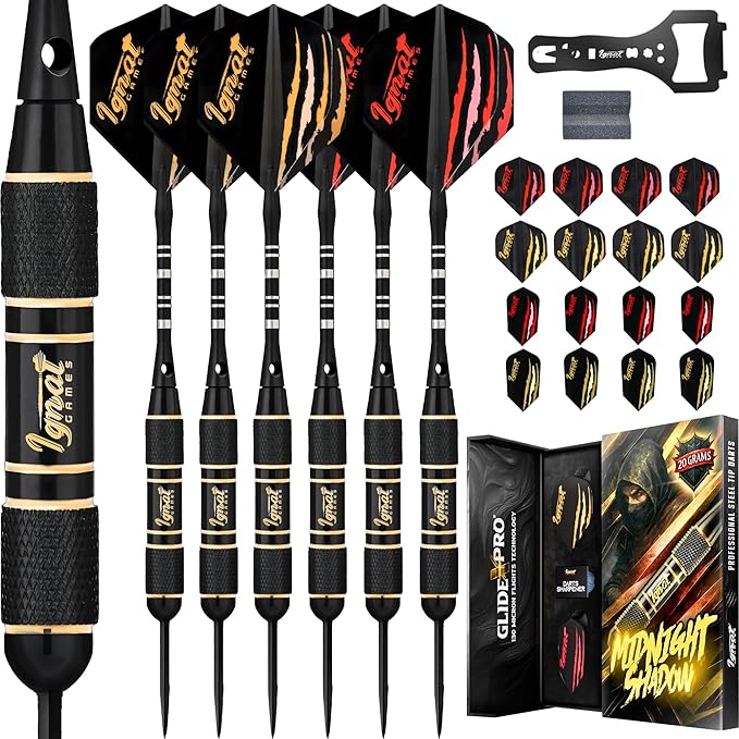 IgnatGames Steel Tip Darts Set - 3/6/12 Pack Brass Darts Metal Tip Set with Exquisite Case - Aluminum Shafts, 2 Sets of Flights, Dart Tool & Sharpener