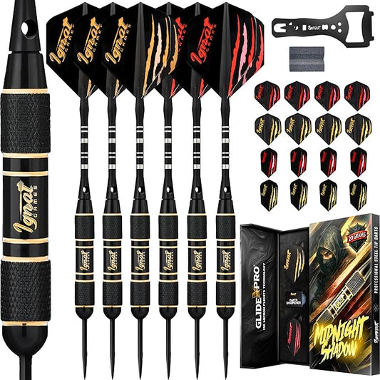 IgnatGames Steel Tip Darts Set - 3/6/12 Pack Brass Darts Metal Tip Set with Exquisite Case - Aluminum Shafts, 2 Sets of Flights, Dart Tool & Sharpener
