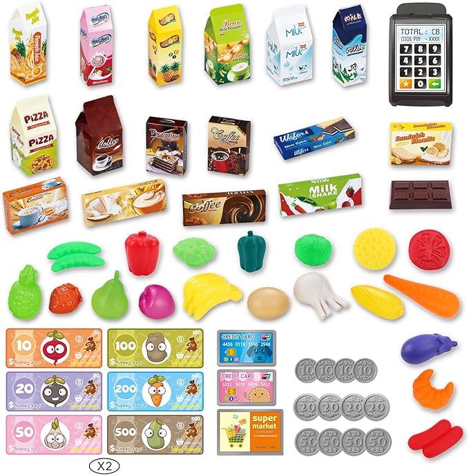 deAO Kids Shopping Cart Trolley for Groceries Toddlers 65 Food Fruit Vegetables Pretend Play Food Role Play Educational Toy Play Kitchen Toys Store Playset (Red)