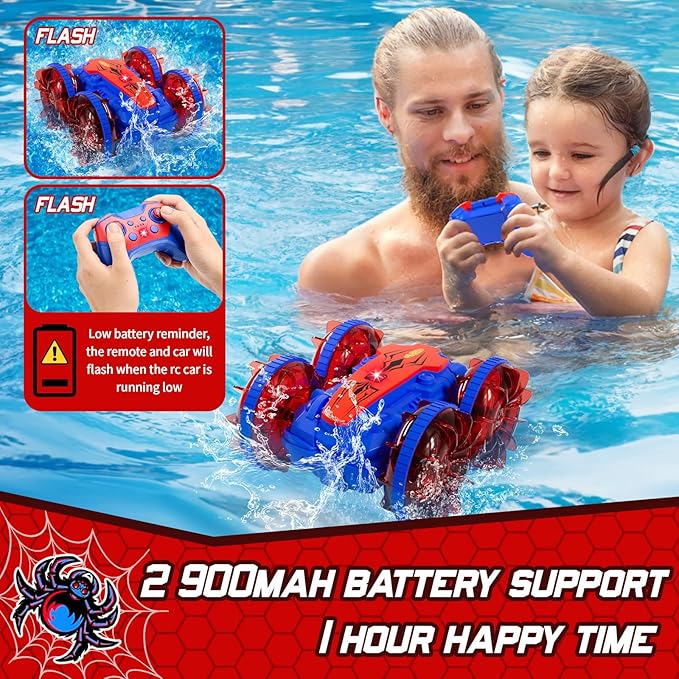 Remote Control Amphibious Gesture RC Boat Car - 4WD Waterproof Stunt Vehicle With LED Lights, Water Beach Pool Toys for Kids Ages 4-12 - Gifts for Boys Girls (Blue&Red)