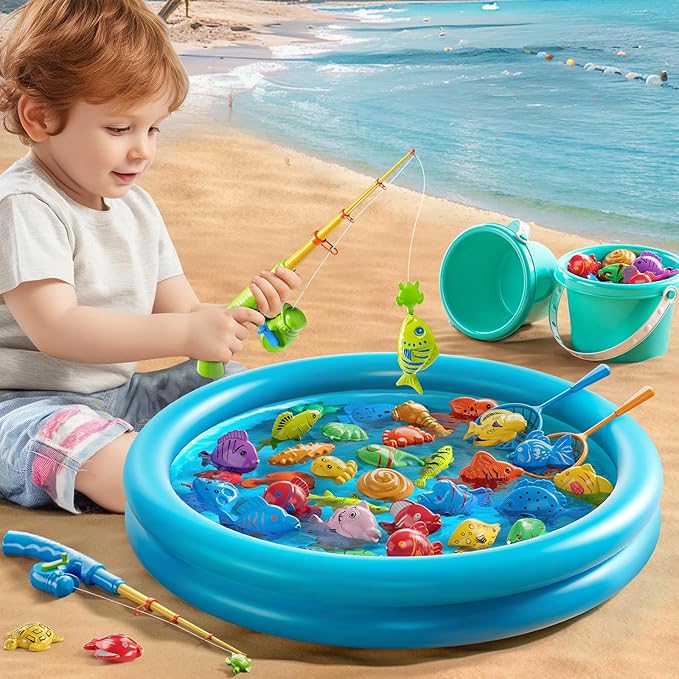 Magnet Fishing Toys Game for Kids 3-5 - Floating Fish Toys with Inflatable Kiddie Pool, Bath Toys for Toddlers, Pole Rod Net, Outdoor Party Toys for Boys Girls Kids Age 3 4 5 6 7 8 Year Old