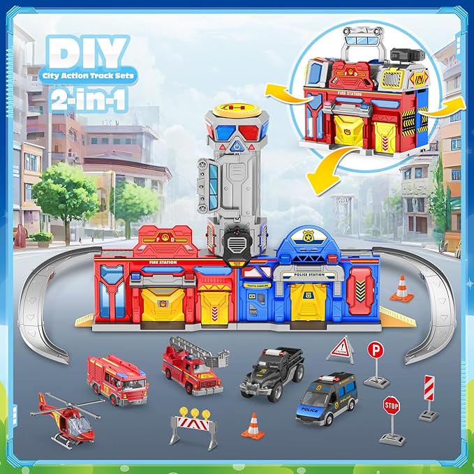 Ochido Boys Toys for 3 4 5 6 Years Old,Large City Action Playset Kit with Lights Sounds,Walkie-Talkie,Foldable Police & Fire Station Transform Track Toy with 4 Cars,Helicopter,7 Accessories