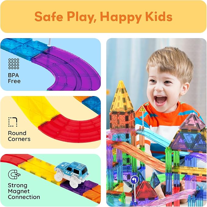 PicassoTiles 150 Piece Race Car Track Building Block Educational Toy Set Magnet Tile Magnetic Blocks Playset 4 Cars Early STEM Learning Construction Kit Hand-Eye Fine Motor Skill Brain Training PTR150