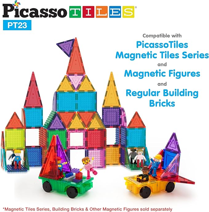 PicassoTiles Magnetic Car Play Set with Action Figures for Kids 3+ - STEM Building Block Vehicle Toy