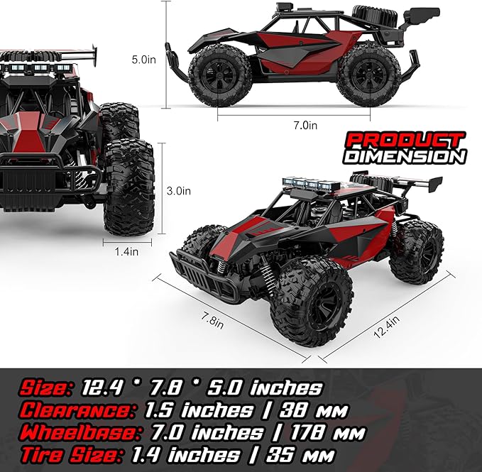 BLUEJAY Remote Control Car, 2.4GHz High Speed 33KM/H RC Cars Toys, 1:12 Monster RC Truck Off Road with LED Headlight and Rechargeable Battery Gifts for Adults Boys 8-12