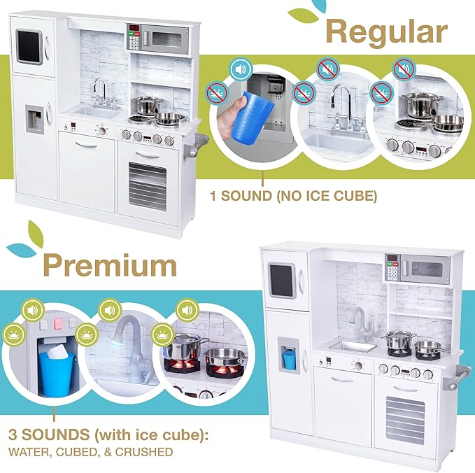 Lil' Jumbl Kids Kitchen Set, Pretend Wooden Play Kitchen, Battery Operated Icemaker & Microwave with Realistic Sound, Pots & Pan Included - White