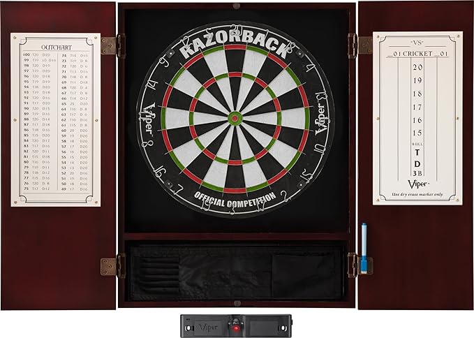 Viper Metropolitan Solid Wood Cabinet & Sisal/Bristle Dartboard Play-Ready Bundle: Elite Set (Razorback Dartboard, Darts and Laser Throw Line), Mahogany Finish