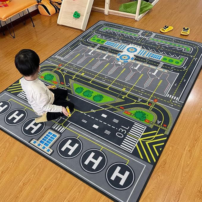 Kids Rug, Aircraft Runway Traffic System Playmat Rugs - 5x7 Ft Kids Carpet with Rubber Backing, Airplane Tarmac Airport Play Mat Great for Bedroom Playroom - Non-Slip Have Fun Safe Nursery Rug