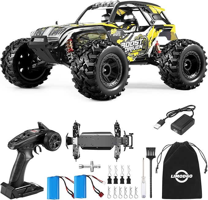 1:10 Large Brush RC Car for Adults, Fast Remote Control Car, 28+ MPH Rc Hobby Truck with Headlights, All Terrain 2.4Ghz Electric Hobby Rc Cars, 4WD Off Road Monster Truck for Adults - Yellow
