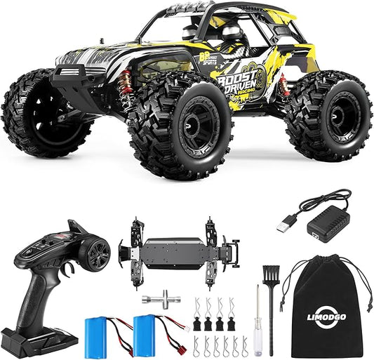 1:10 Large Brush RC Car for Adults, Fast Remote Control Car, 28+ MPH Rc Hobby Truck with Headlights, All Terrain 2.4Ghz Electric Hobby Rc Cars, 4WD Off Road Monster Truck for Adults - Yellow