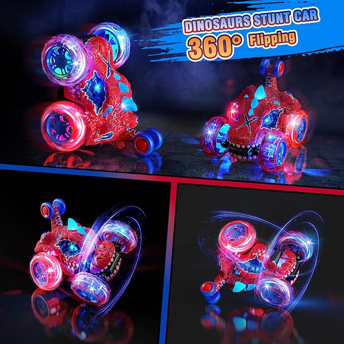 Carsky Remote Control Car RC Cars for Boy 360°Stunt Rotation 4WD Remote Cars for Kids 3-6 Double Sided Dinosaur Toy with Lights,2.4GHz Electric Toy Car,Easter Birthday Gift for 3 4 5 6 Year Old Boy