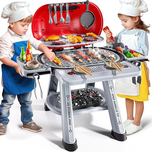 Kids Play Kitchen Toys, BBQ Grill with Smoke for Kids Ages 3 4 5 6 7, 2-Layer Barbecue Toys Play Food Set with Sound Light, Indoor Outdoor Cooking Toy for Boys Girls 3-5, Birthday Gifts
