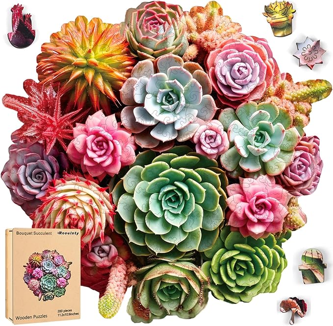 Wooden Puzzles for Adults, Colorful Succulent Puzzle for Mom, Challenging Puzzle, 200 Piece Luxurious Shaped Wooden Puzzles for Family Game Medium 11.3 * 10.5in