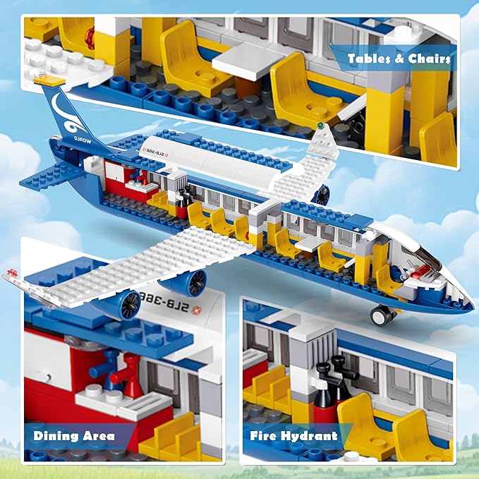 City Passenger Airplane Building Set, 4 in 1 STEM Toy with a Large Plane, Passenger Bus, Luggage Truck, Container Loader, and 7 Minifigures, Compatible with Lego Plane, Airport Gift for Boy 6+