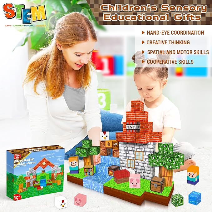 Magnetic Blocks-100PCS Grassland Building Blocks Set, Kids Classroom Sensory Toy, STEM Learning, Construction Stacking Toy for Kids 3+ Boys & Girls