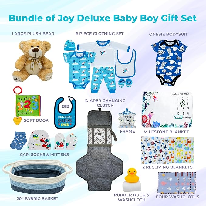 Bundle of Joy Deluxe New Baby Boy Gift Set | Baby Essentials for Expecting Moms & Parents | 25-Piece Newborn Gift Basket Hamper Layette Set for Gender Reveal | Blue - Nikki's Gift Baskets