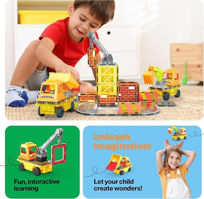 PicassoTiles Magnet Tile Construction Themed Building Blocks 5-in-1 Crane, Ladder, Dump Truck, Excavator, and Backhoe Action Figures, 2 Car Base Vehicles Magnetic Tiles Learning Toys Kids Ages3+ PTU06