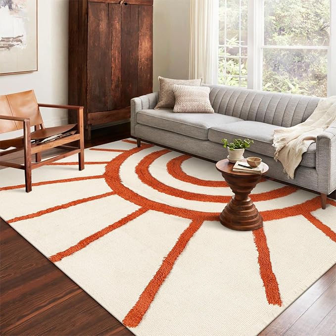 OJIA Boho Washable Rugs 5x8 Rug for Living Room Kids Room,Orange Sun Bedroom Carpet Soft Tufted Modern Farmhouse Cute Bedside Carpet for Dorm/Playroom/Nursery Room