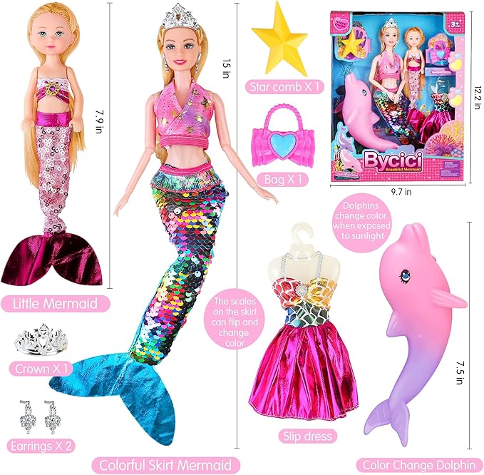Magical Mermaid Dolls Set for Girls 4-7 - Princess Twin Dolls with Color-Changing Purple Dolphin, Summer Outfits & Sparkling Accessories (Crown, Flip Scales, Starfish Comb) Water Play Birthday Gift