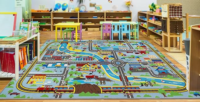 Capslpad Kids Rug 6'6" x 9'8" Educational Learning Kids Play Area Rug Large Traffic Road Cars Rug Play Mat for Kids Toy Nursery Rug Kid Car Carpet for Playroom Living Room Classroom Decor, Sky Blue