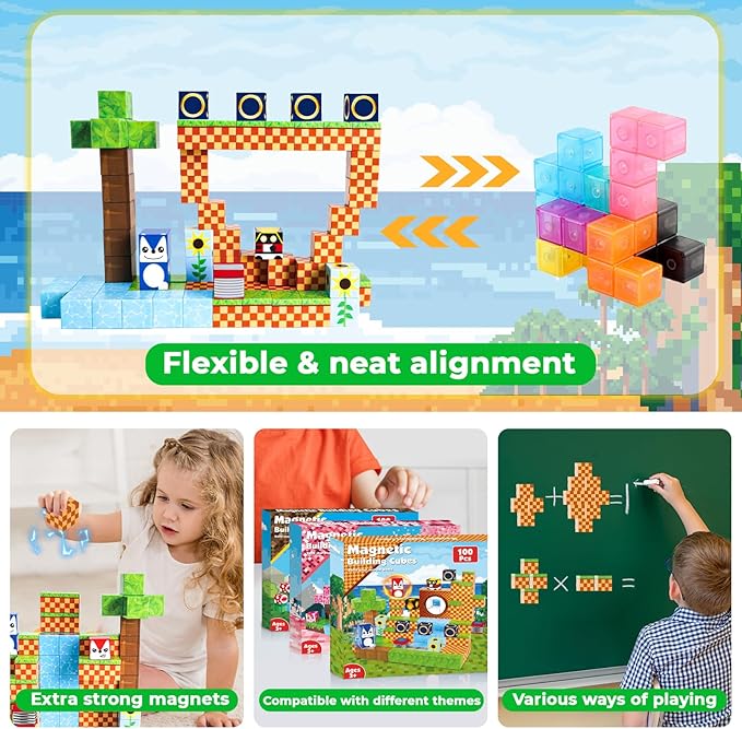 Magnetic Blocks, 100PCS Magnetic Building Blocks, STEM Building Game Montessori Sensory Toys for Kids Boys Girls Ages 3 4 5 6 7 8 9 10 Holiday Easter Birthday Gifts