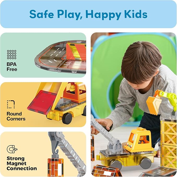 PicassoTiles Magnet Tile Construction Themed Building Blocks 5-in-1 Crane, Ladder, Dump Truck, Excavator, and Backhoe Action Figures, 2 Car Base Vehicles Magnetic Tiles Learning Toys Kids Ages3+ PTU06