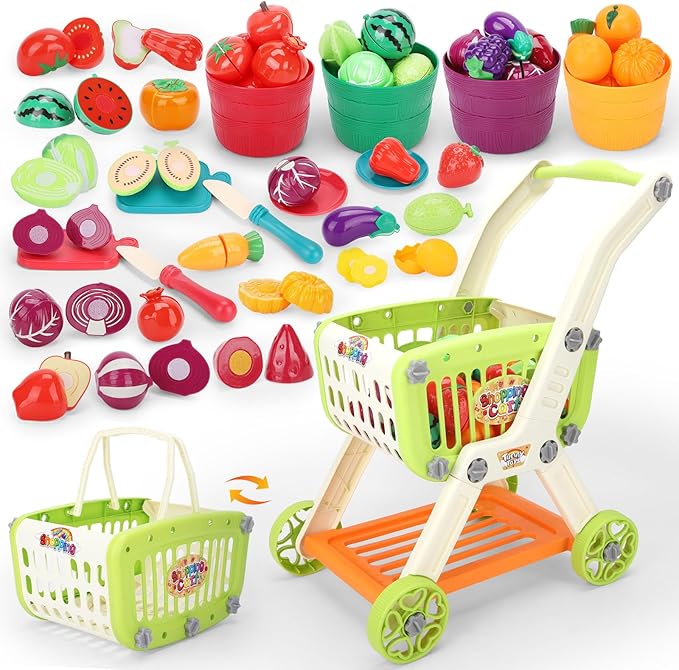 Kids Shopping Cart with Cutting Play Food Set for Kids Kitchen, 2 in 1 Shopping Cart for Kids Grocery Store Pretend Play Kitchen Accessories Sorting Food Bucket Learning Toys Gift for Toddler 3-5