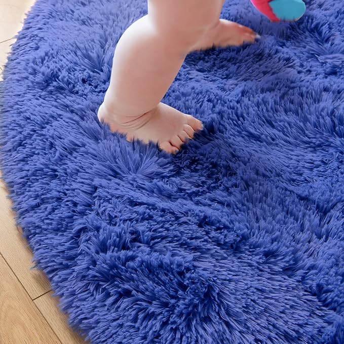 junovo Round Rug 5x5 Feet Fluffy Soft Area Rugs for Kids Girls Room Princess Castle Plush Shaggy Carpet Cute Circle Nursery Rug for Kids Girls Bedroom Baby Room Home Decor Circular Carpet, Navy Blue