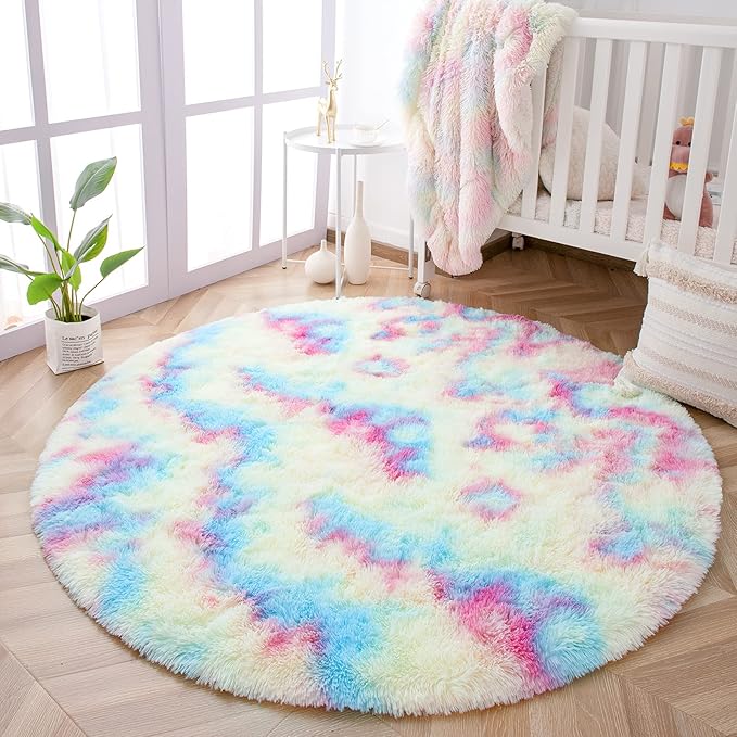 junovo Soft Round Rainbow Area Rugs for Girls Room, Fluffy Colorful Circle Rugs for Kids Bedroom, Cute Circular Rug Princess Castle Plush Shaggy Carpet for Kids Teen Baby Room Nursery Home Decor, 4ft