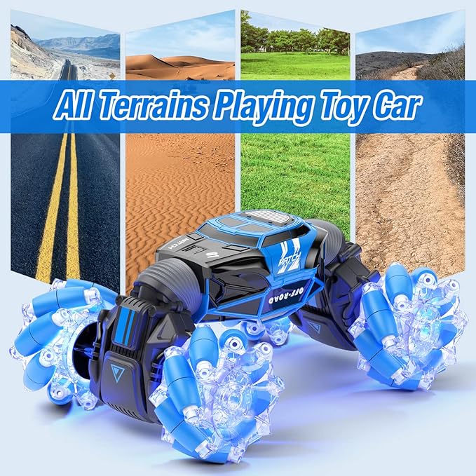 Powerextra Gesture Rc Car, 4WD 2.4GHz Remote Control Gesture Sensing Car, Double Sided 360° Rotating Off Road Rc Stunt Car with Lights & Music, Toy Car for 6-12 Year Old Boys & Girls (Blue)