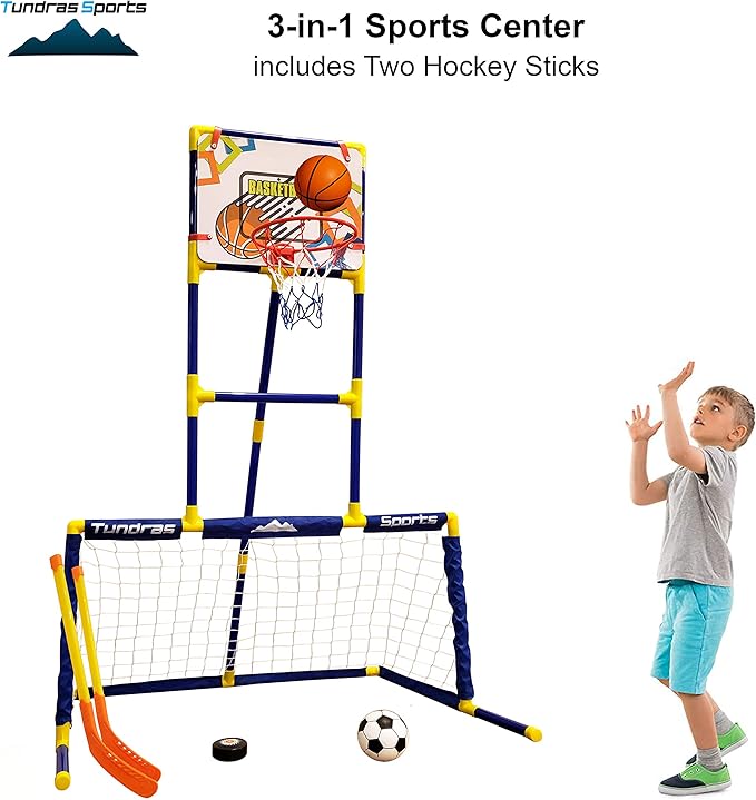 Kids Basketball Hoop Arcade Game, 3 in 1 Sports Center - Hockey, Soccer, Sports Station - Indoor Arcade Game, Includes Basketball Hoop, Hockey net, Soccer Goal for Toddlers and Children Boys and Girls