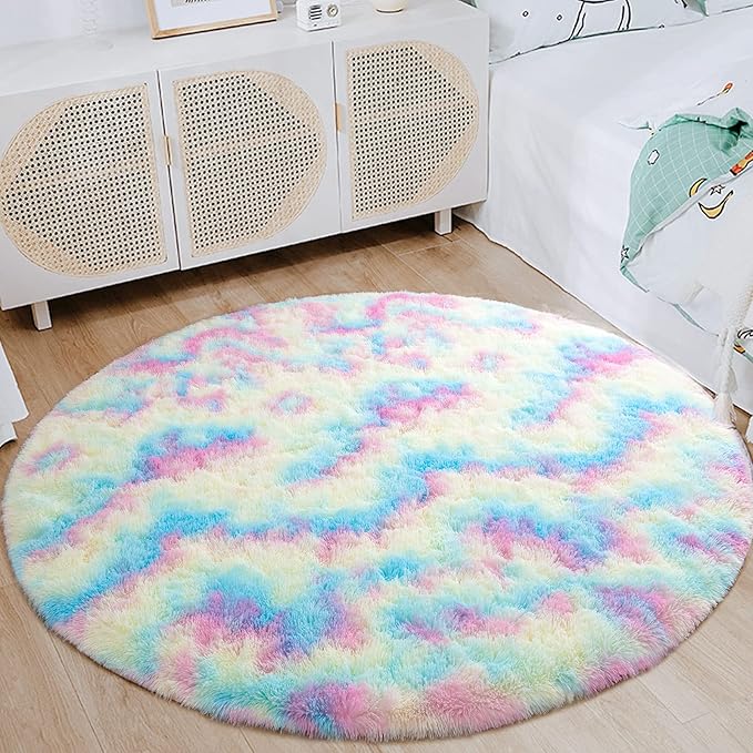 junovo Soft Round Rainbow Area Rugs for Girls Room, Fluffy Colorful Circle Rugs for Kids Bedroom, Cute Circular Rug Princess Castle Plush Shaggy Carpet for Kids Teen Baby Room Nursery Home Decor, 4ft