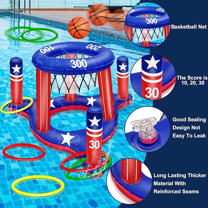 American Flag Pool Toys Games for Kids Adult 2-in-1 Floating Basketball Hoop Inflatable Cross Ring Toss Games Set Summer Swimming Pool Water Games Toys