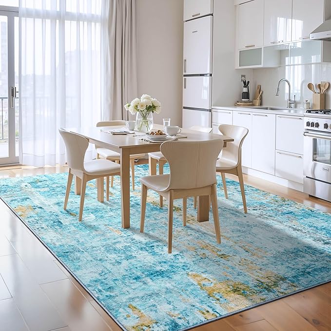 Area Rug 4x6 Teal Blue Rug Washable Boho Rugs Non Slip Low Pile Abstract Small Carpet for Entryway, Bedroom, Kitchen, Classroom, Kids Room, Office, Dorm, Dining Room
