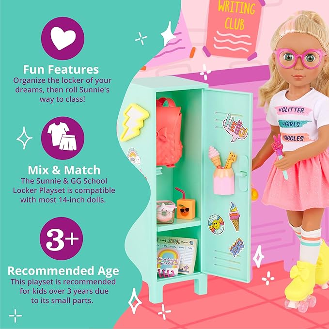 Glitter Girls – 14-Inch Poseable Doll Set – Blonde Hair & Green Eyes – School Locker, Roller Skates & Accessories – Toys for Kids 3 Years+ – Sunnie & GG School Locker Playset