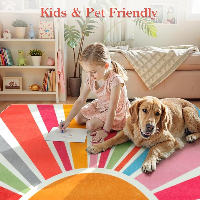 STARUIA Sun 8x10 Washable Area Rugs for Living Room, Non-Slip Backing Large Boho Rainbow Nursery kids Area Rug for Bedroom, Carpet Rug for Dining Guest Room Classroom Office Nursery Kids(Color,8'x10')
