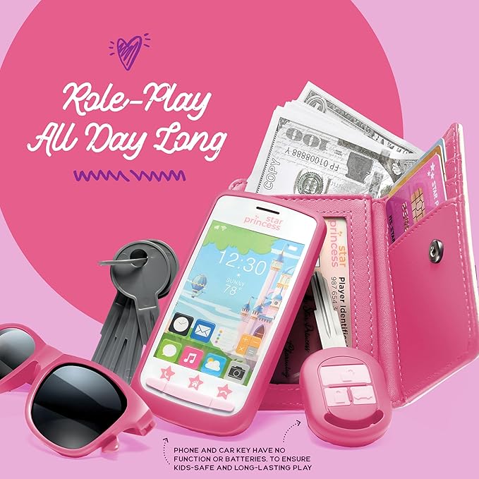 Play Purse for Little Girls and Toddlers - Girls Toys Pretend Play Accessories: Toy Phone, Wallet, Credit Cards, Keys, Pretend Makeup for Role Playing Toys for Girls Ages 3 4 5 6 7 8 Years and Up