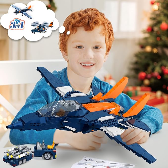 HOGOKIDS 3 in 1 Fighter Jet Plane Building Sets, Military Propeller Aircraft Gunship Building Toys with Vehicle/Rocket Launcher/Speedboat Model Toys, Birthday Gift for Kids, Boys and Girls 10+, 738PCS
