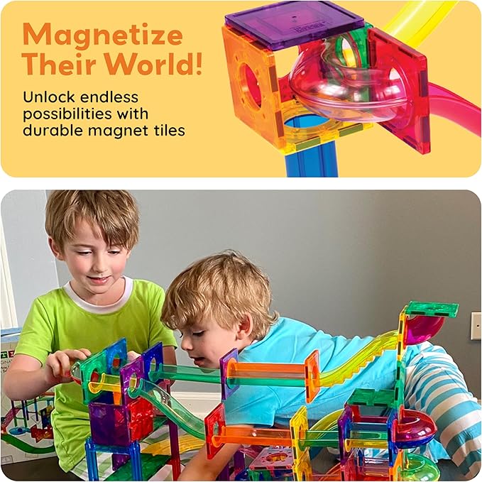 PicassoTiles Marble Run 100 Piece Magnetic Tile Race Track Toy Play Set STEM Building & Learning Educational Magnet Construction Child Brain Development Kit Boys Girls Age 3 4 5 6 7 8+ Years Old Toys