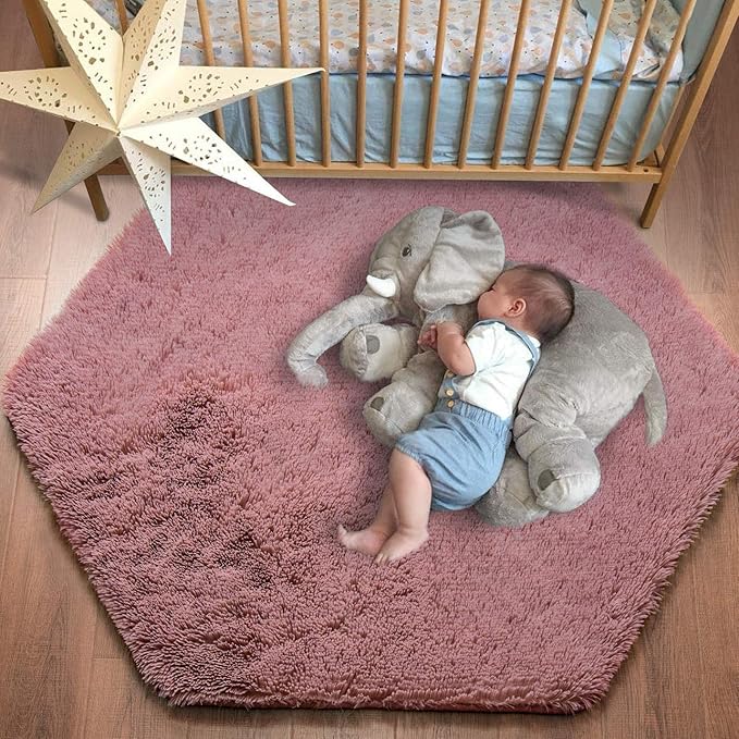 junovo Ultra Soft Rug for Nursery Children Room Baby Room Home Decor Dormitory Hexagon Carpet for Playhouse Princess Tent Kids Play Castle, Diameter 4.6 ft, Blush