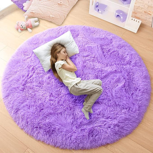 junovo Round Rug 6x6 Feet Fluffy Soft Area Rugs for Kids Girls Room Princess Castle Plush Shaggy Carpet Cute Circle Nursery Rug for Kids Teen's Bedroom Home Decor Large Circular Carpet, Purple