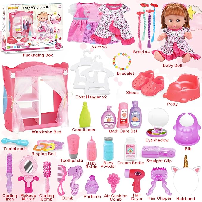 14" Baby Doll Toys Playset with Wardrobe Bed, 37PCS Beauty Hair & Baby Doll Care Toy Set, Toddler Toy Pretend Play Doll Incl Hair Salon Kit, Doll Clothes, Baby Gift for 3 4 5 6+ Year Old Girl Toy