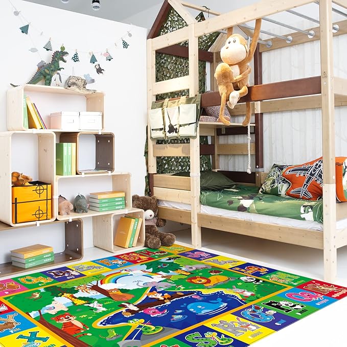 Kids Play Rug - Animals Print Baby Floor Mat, ABC Educational Area Rug for Nursery & Playroom, Soft Non-Toxic Crawling Tummy Time Mat (Green, 78.7X59 INCH)