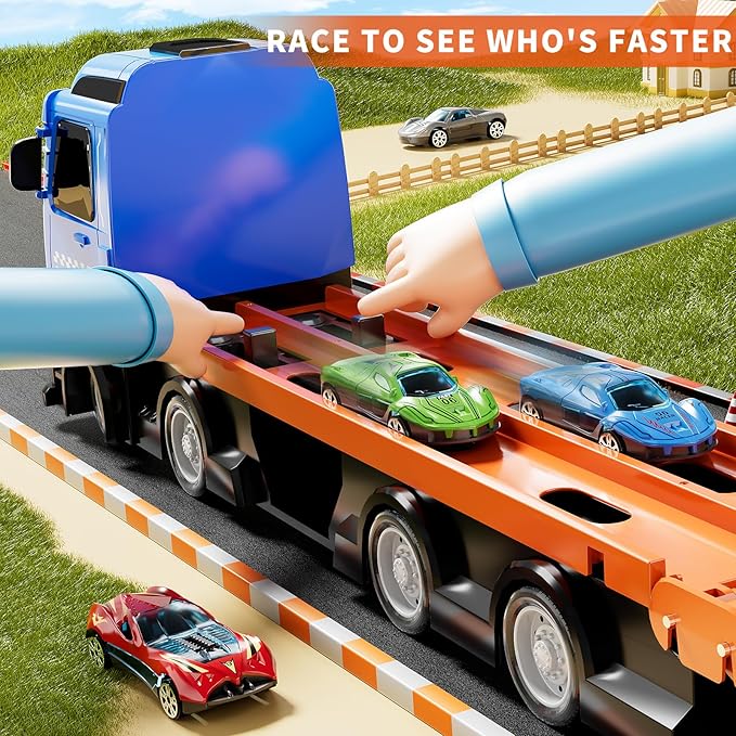 Carrier Truck Race Track Boys Toys, 78-Inch Toy Truck Transport Car Race Track & 12 Die-Cast Metal Toy Cars, Toddler Truck Car Toys Track Set Gifts for Age 3 4 5 6+ Years Old Kids Boys Girls