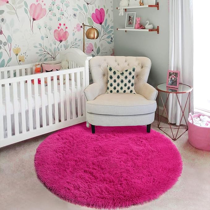 Hot Pink Round Rug 4Ft for Girls Bedroom, Fluffy Circle Area Rugs for Kids Room Decor Aesthetic, Shag Plush Fuzzy Furry Carpet for Living Room, Nursery, Dorm, Classroom, Teen, Cute Shaggy Baby Rug